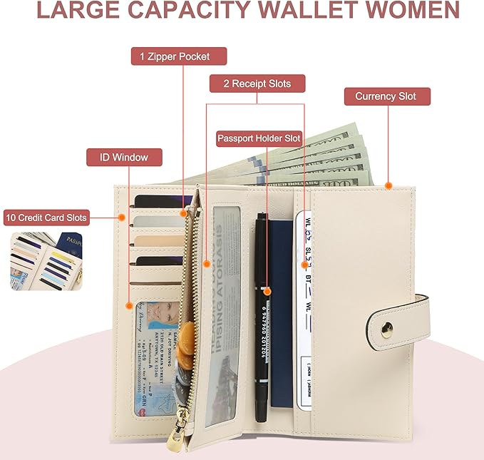 yiijay Womens Wallet RFID Blocking Vegan Leather Trifold Clutch Credit Card Holder Ladies Travel Wallet Purse with Pen Holder