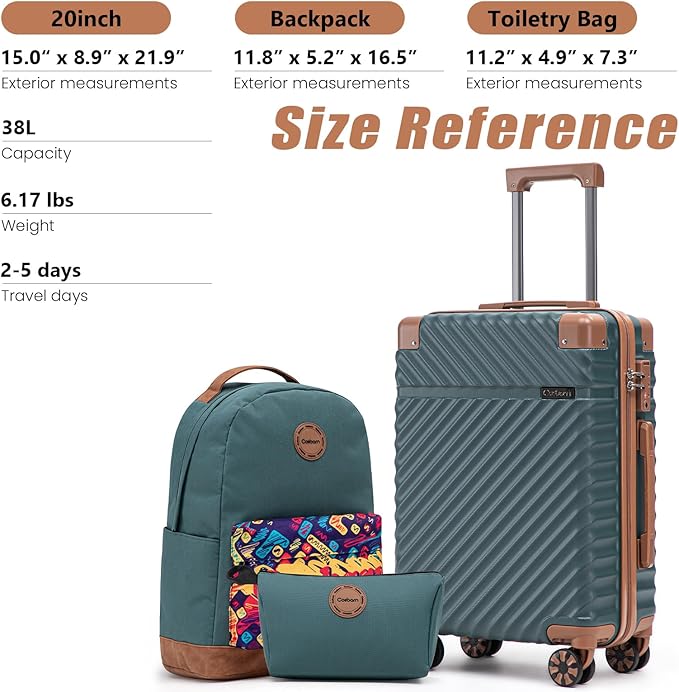 Cosbarn Carry On Luggage 22x14x9 Airline Approved, Hardside 20 Inch Carry on Suitcases with Wheels, Hard Shell ABS Lightweight Carry on Luggage Set, Travel Suitcase Set with TSA Lock, DarkGreen