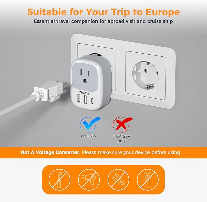 TESSAN European Travel Plug Adapter, Europe Power Adaptor 3 USB Ports (1 USB C), International Type C Outlet Charger to Most of EU Iceland Spain Italy France Germany (Not Voltage Converter)