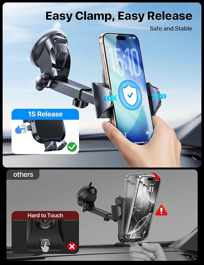 andobil Military-Grade Phone Holders for Your Car 【89+ LBS Strongest Suction & Metal Clip】 2026 Ultimate Car Phone Holder, Dashboard Windshield Vent Cell Phone Car Mount for iPhone Sumsung Android