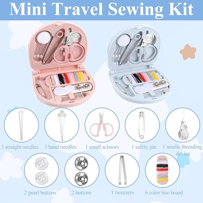 Jeffdad 2 Pcs Mini Travel Sewing Kit, Portable Emergency Sewings Kit Compact Sewing Repair Box Kits Travel Size Sewings Box with Buttons Threads Scissors Needles Tweezers Button Pin
