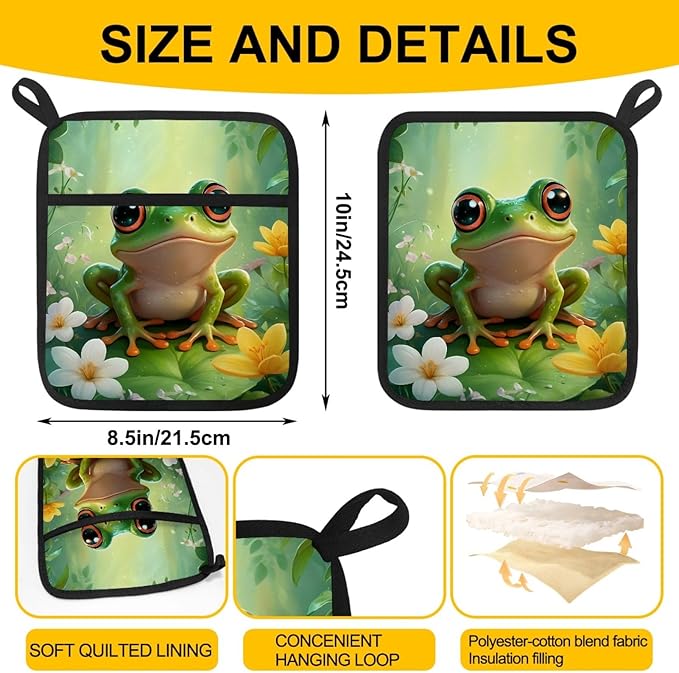 Green Cartoon Frog Pot Holders with Pockets 2 PCS, Heat Resistant Oven Mitts Hot Pads for Kitchen Baking Cooking, Square Thick Pot Holders Kitchen Hot Potholders, 8.5x10 Inches