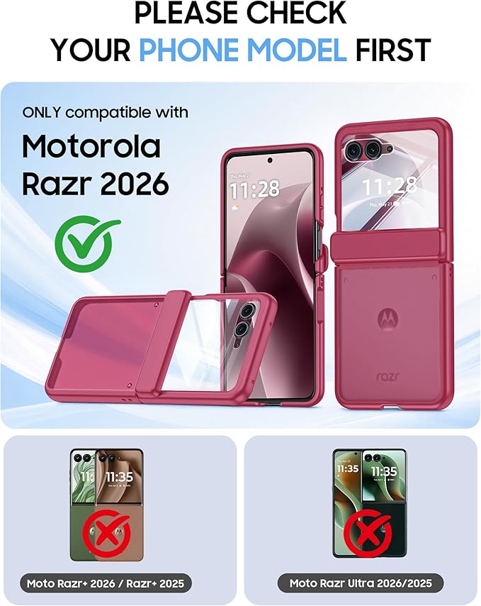 for Motorola Razr 2026 Case with Hinge Protection, Screen Protector, Ultra-Thin Skin Feel Translucent Frosted, Shockproof Cover for Moto Razr 2026-Rose Red