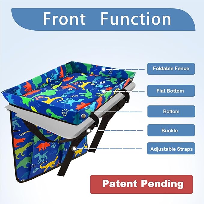 Adjustable Kids Tray Table Cover with Multi Portable Pockets, Airplane Travel Essentials for Kids, Toddlers, Adults, Airplane Must Haves, Plane Travel Essential, Travel Tray for Plane Train, Dinosaur