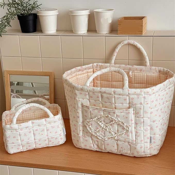 Floral Fabric Storage Basket Car Interior Storage Basket Underwear Sundries Laundry Baskets Supplies Home Organizer Bag (white bow)