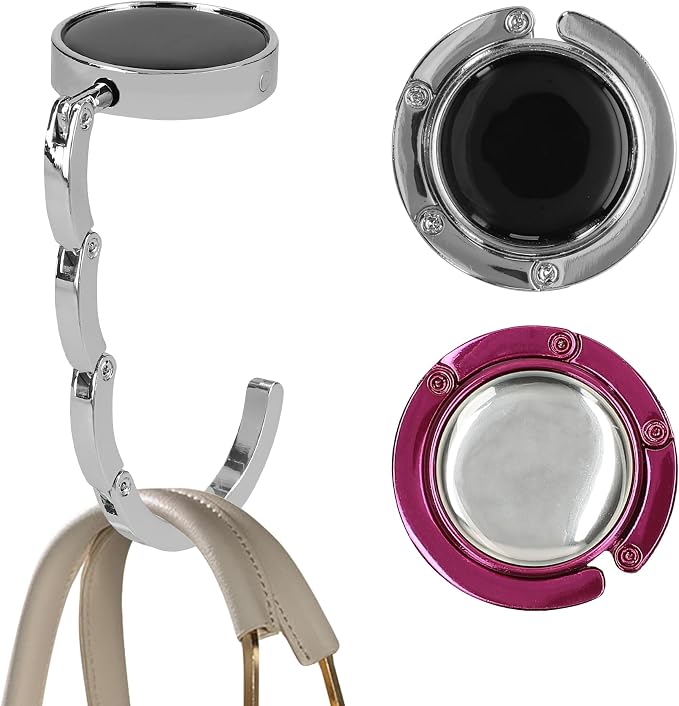kwmobile Purse Hook for Table - Set of 2 Purse Holder - Folding Handbag Hanger - Portable Bag Holder - Bag Hooks for Desk - Table Hook Silver/Dark Pink