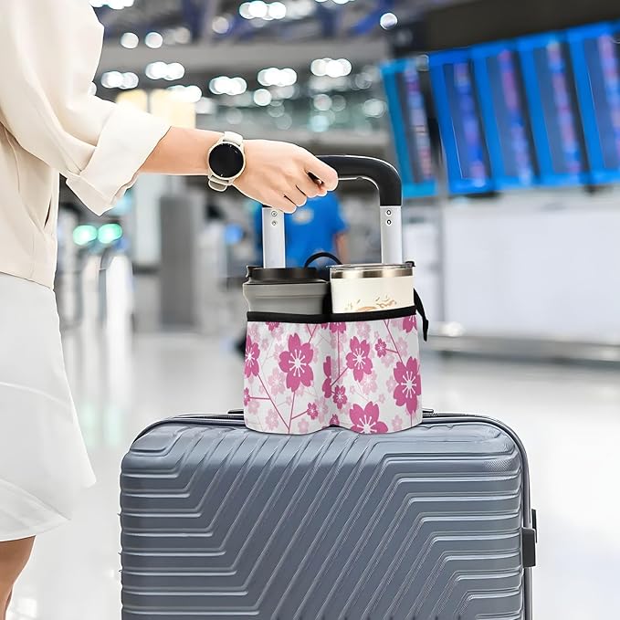 Luggage Cup Holder for Suitcases Free Hands Suitcase Cup Holder Travel Luggage Drink Holder Portable Luggage Cup Caddy Bag Carrier with Handle Cherry Blossom Floral Pink