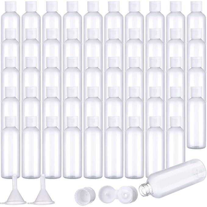 50 Pcs 3.4 oz Travel Bottles for Toiletries TSA Approved Leakproof Plastic Empty 100 ml Travel Size Bottles Bulk Refillable Squeeze Clear Container for Cosmetic Shampoo Liquids(Clear, White)