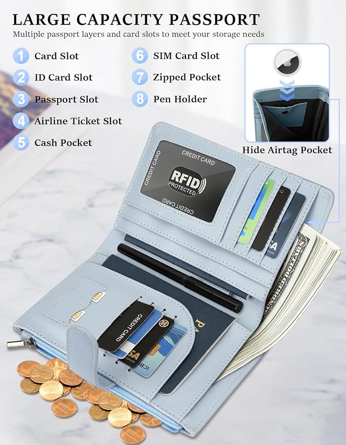 RFID Passport Holder for Women/Men Travel Gifts, Large Capacity Passport Wallet, Family Travel Documents Organizer with Card/Airtag Slots, Zipper coin pocket, Cash Holder Passport Cover Case (Blue)