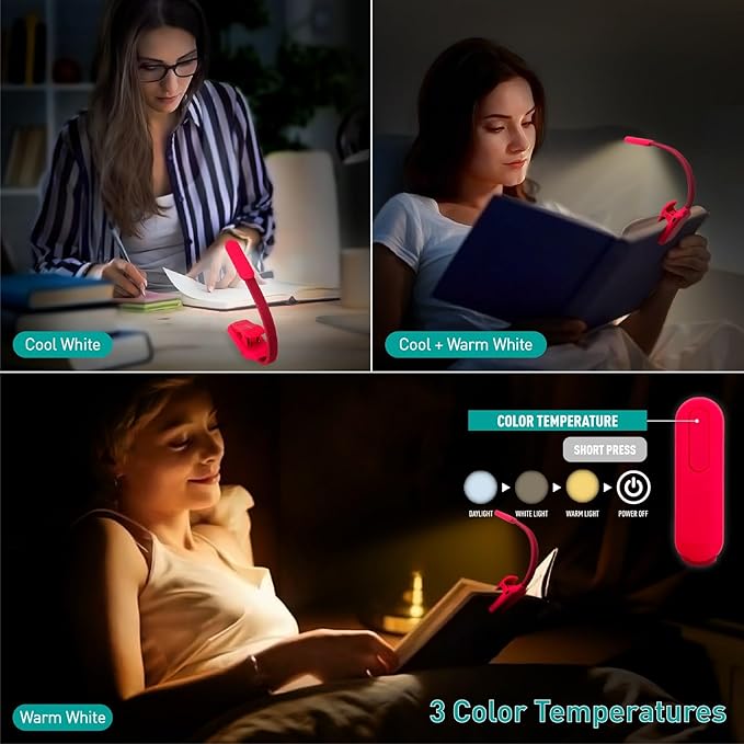 Rechargeable Book Reading Light at Night in Bed, Eye Caring 9 LED with 9 Color Temperatures, Stepless Dimming Brightness, Clip on Book Light, Prefect Elegant White Gift for Book Lover.(Pink)
