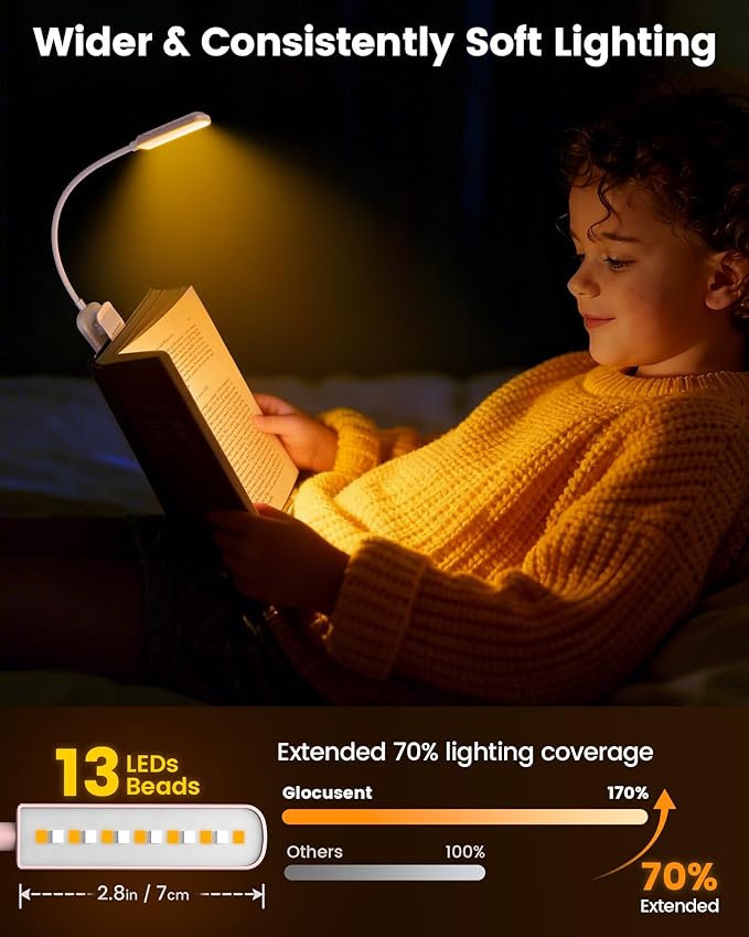Glocusent 13 LED Rechargeable Book Light for Reading at Night, Eye-Caring 3 Amber Colors & Stepless Dimming, Lasts 1 Week to 2 Months, Travel Clip on Lamp, Gifts for Book Lovers, Men, Women & Kids