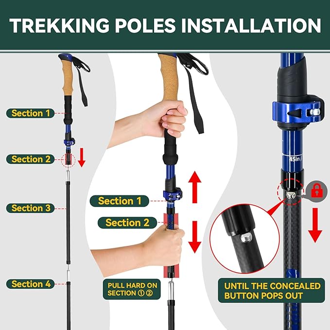 Carbon Fiber Trekking Poles - Lightweight Collapsible Hiking Poles, 2 PCS Nordic Hiking Sticks for Travel, Backpacking Walking Sticks for Men, Women, Seniors with Cork Grip & Quick-Lock System