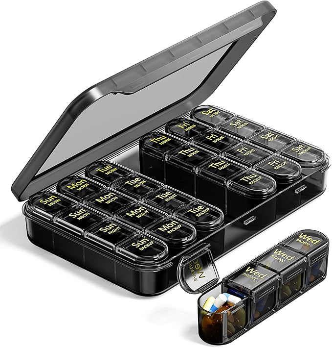 Odaro Weekly Pill Organizer 4 Times a Day, BPA Free Daily Pill Box 7 Day, Large Travel Pill Case with 28 Compartment to Hold Medicine, Vitamin and Supplement - Full Black