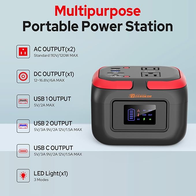 Portable Power Station 120W, Outdoor Power Bank Generator with AC Outlet, External Battery Power Pack with USB C Input for Camping Home Use VanLife Adventures