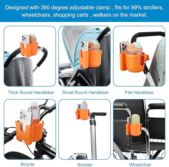 Accmor Stroller Cup Holder with Phone Holder, Bike Cup Holder, Universal Cup Holder for Uppababy Nuna Doona Strollers, 2-in-1 Cup Holder for Walker, Wheelchair, Scooter