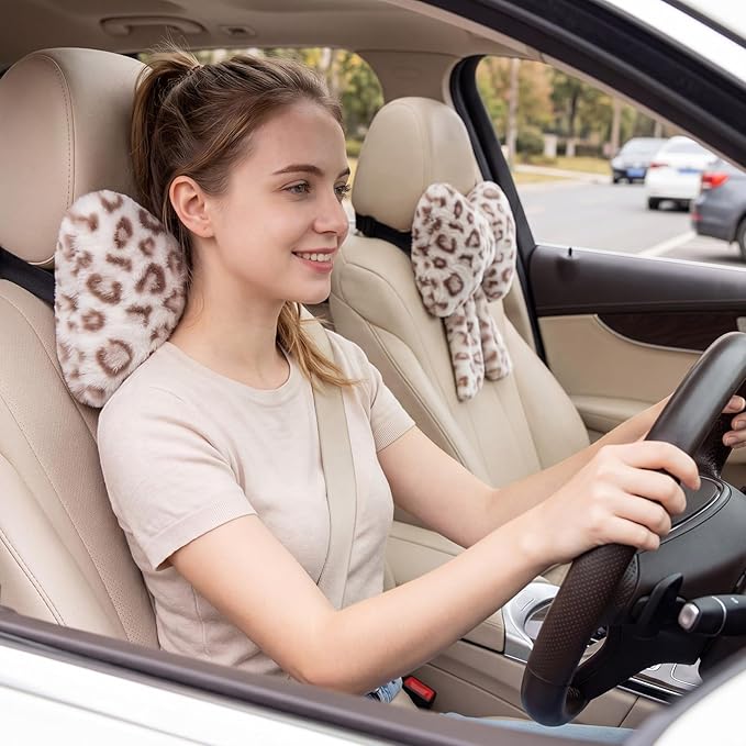 Macarrie 2 Pcs Car Neck Pillow Plush Butterfly Bow Car Headrest Pillow Comfortable Seat Neck Support Cute Head Rest Accessories for Driving Travel Driver Chair Girl Interior Decor(White,Leopard)