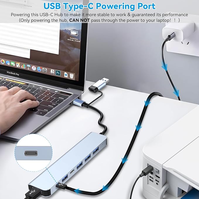 USB C/USB Hub Aluminum 7 in 1 Type-C USB Extender Multiport Adapter with USB3.0 & USB2.0 Ports for PC/Laptops/MacBook Pro/Air/iMac/iPad and More Devices