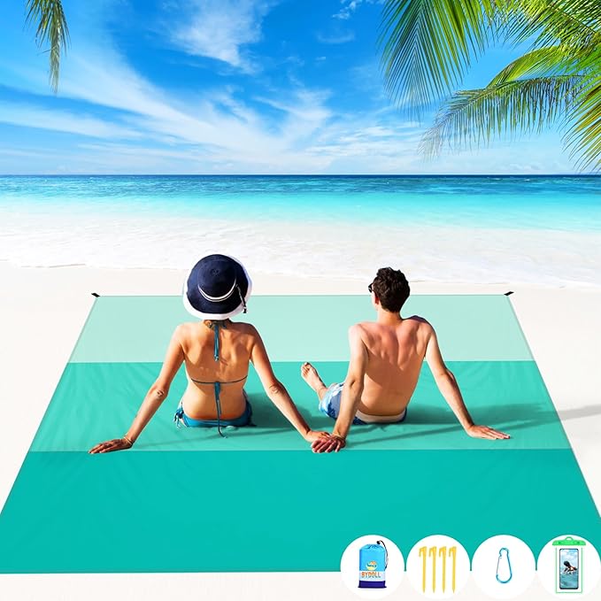 BYDOLL Beach Blanket Waterproof Sandproof Large Sand Free,78''X81''/10'X9' Oversized Sandless Lightweight Blanket Picnic Mat for Beach Travel Camping Hiking with Stakes