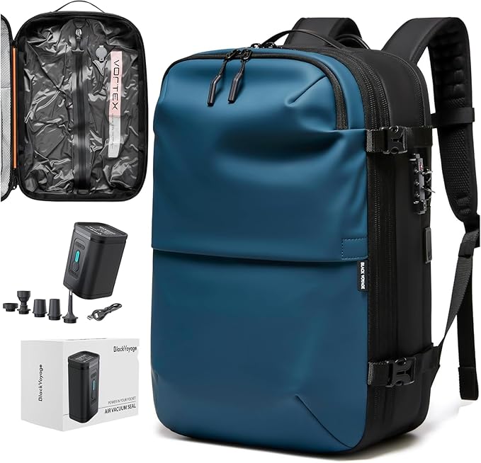 BlackVoyage Vortex Vacuum Seal Travel Backpack 60L Expandable Air Compression System Water Resistant TSA Lock Carry-On