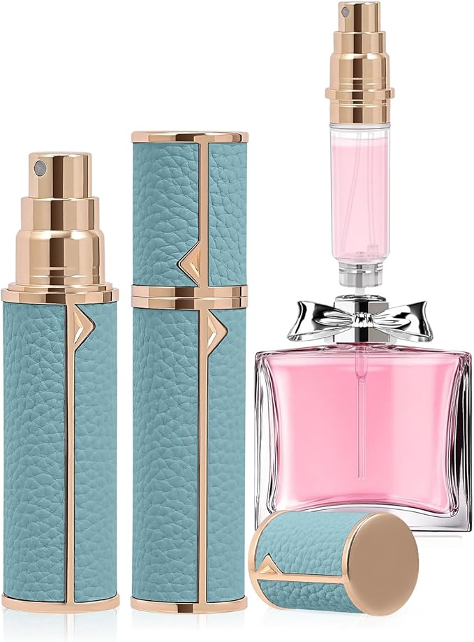 Refillable Travel Perfume Bottle – Fine Mist Atomizer, Bottom Fill, Genuine Leather Shell, TSA Approved, For Daily Refresh & Travel (Light Blue, 10ml)