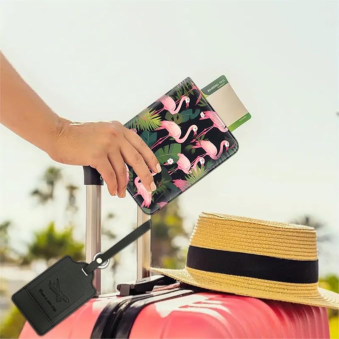 Passport Wallet, Passport Holder with RFID Blocking and Luggage Tag, Waterproof PU Leather Travel Documents Organizer Case, Passport Covers with Card Slot for Women & Men, Flamingo Passport Book