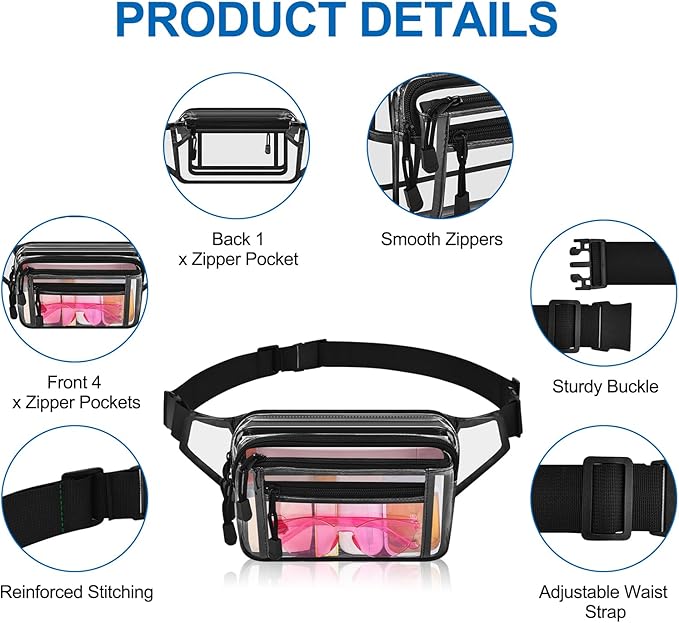 Clear Bag Stadium Approved Large Clear Fanny Pack for Women for Work,Multi-purpose Waist Bag for Travel & Sporting Event