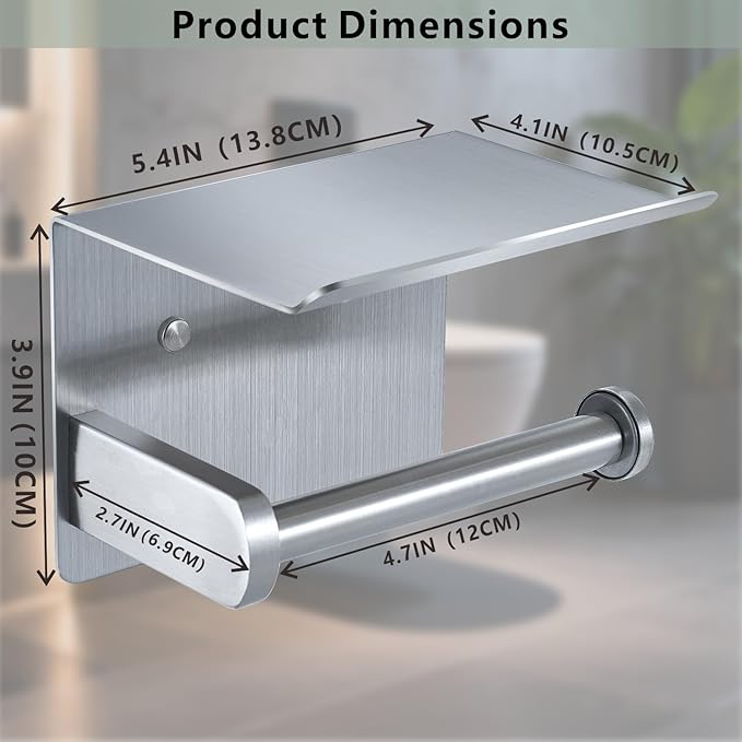 Toilet Paper Holder with Shelf, Heavy-Duty Stainless Steel Bathroom Hardware, Self-Adhesive No-Drill/Drill-Mount Wall-Mounted Roll Holder, Rust-Proof Bathroom Tissue Rack(Brushed Nickel)
