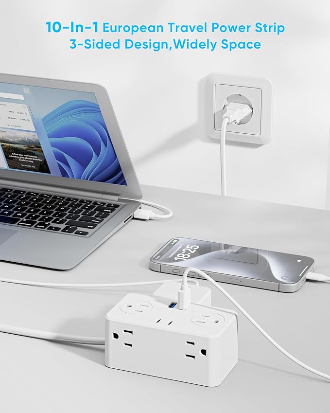 Kakyanill UK Adapters for Travel, US to UK Plug Adapter, 6 AC Outlets, 4 USB Ports (2 USB C), 3ft Wrapped Around Extension Cord, Type G Plug Adapter, for UK Ireland Hong Kong Travel