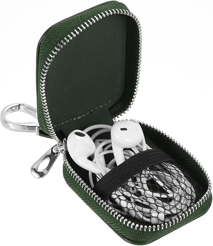 HARFINGTON Earbuds Cases, Earphone Case Holder, PU Leather Ear Buds Case Zipper Organizer Small with Mesh Pocket for USB Cable, Wireless Wired Earphones, Green
