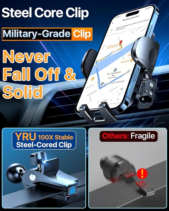 YRU [True Upgrade for Safety Car Phone Holder Mount [Patent & Military-Grade] Dashboard Cell Phone Holder for Car Vent Windshield Phone Stand for iPhone 17 16 15 14 Pro Max Truck Samsung, Black Blue