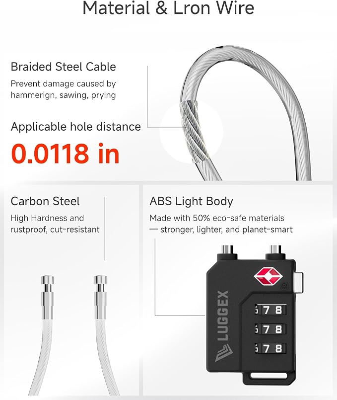 LUGGEX TSA Locks for Luggage, Suitcase Locks TSA Approved, Luggage Locks, Gift Box, Ease of Use & Durable(Silver Cable,4 Pack)