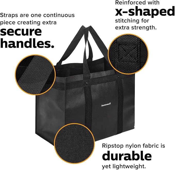 Homemell Heavy Duty Reusable Grocery Bags, Large Collapsible Tote Bag Holds 100 LBS, Extra-Strength Premium Material (Black, 6-Pack)