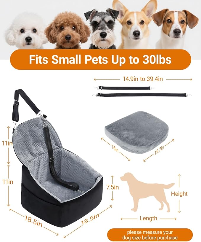 NUPIDA Dog Booster Car Seat with Extend Backrest for Small Medium Pet, Grey | Easy Install, Up to 30 lbs, Washable Removable Cover with zippper, Non-Slip Bottom, Large Storage Pockets, 2 Safety Leashes