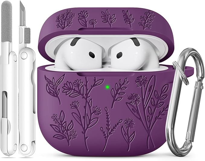 for Airpods 4 Case, Ekoonpft Flower Engraved Cases for Apple AirPods 4th Generation 2024, Soft Silicone Cover for Women Girly with 3-in-1 Cleaning Kit & Keychain, Anti-Scratch, Shockproof