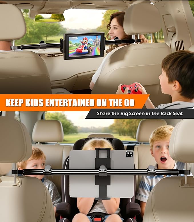 Car Headrest Tablet Holder [Dual-Clamp Stability][360° Adjustable] Back Seat iPad Mount for Kids Road Trip, Compatible with 4.5–16.5" iPad Pro/Air/Mini, Galaxy Tab, Kindle Fire, Switch