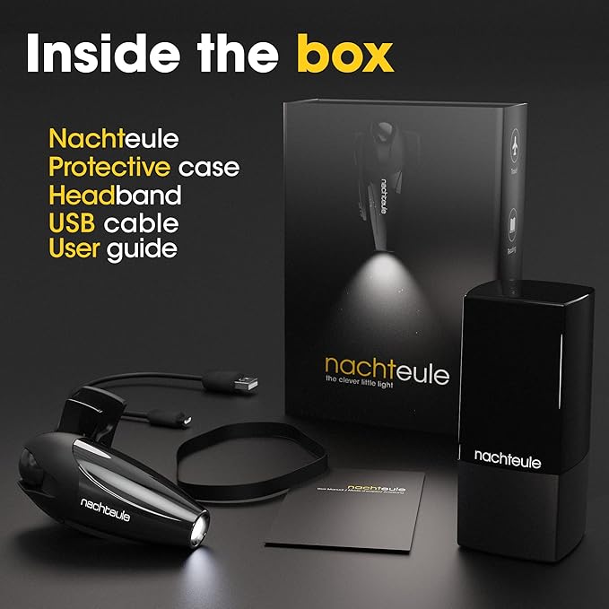 Nachteule Rechargeable Reading Light for Glasses, Headphones or Headband (Included). LED Book Light. Award Winning Clip-on Design Made in Germany. Complimentary Protective Case Included
