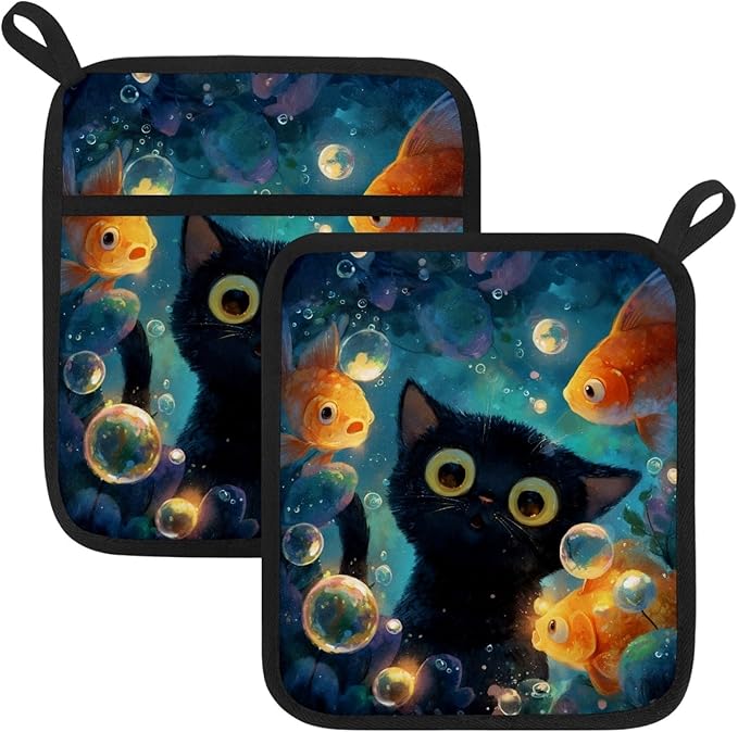 Underwater Cat and Fishes Pot Holders with Pockets 2 PCS, Heat Resistant Oven Mitts Hot Pads for Kitchen Baking Cooking, Square Thick Pot Holders Kitchen Hot Potholders, 8.5x10 Inches