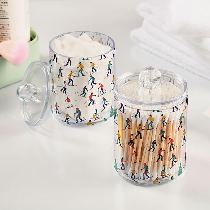 2 Pack Qtip Holder Organizer Dispenser Winter Sports Skiers Bathroom Storage Canister Cotton Ball Holder Container for Cotton Pads/Swabs/Floss