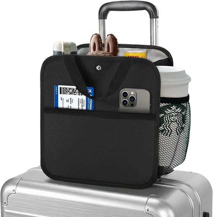 Large Luggage Travel Cup Holder, Oversized Luggage Cup Holder for Suitcase with Big Storage Compartment, Hands-Free Travel Organizer (Black)