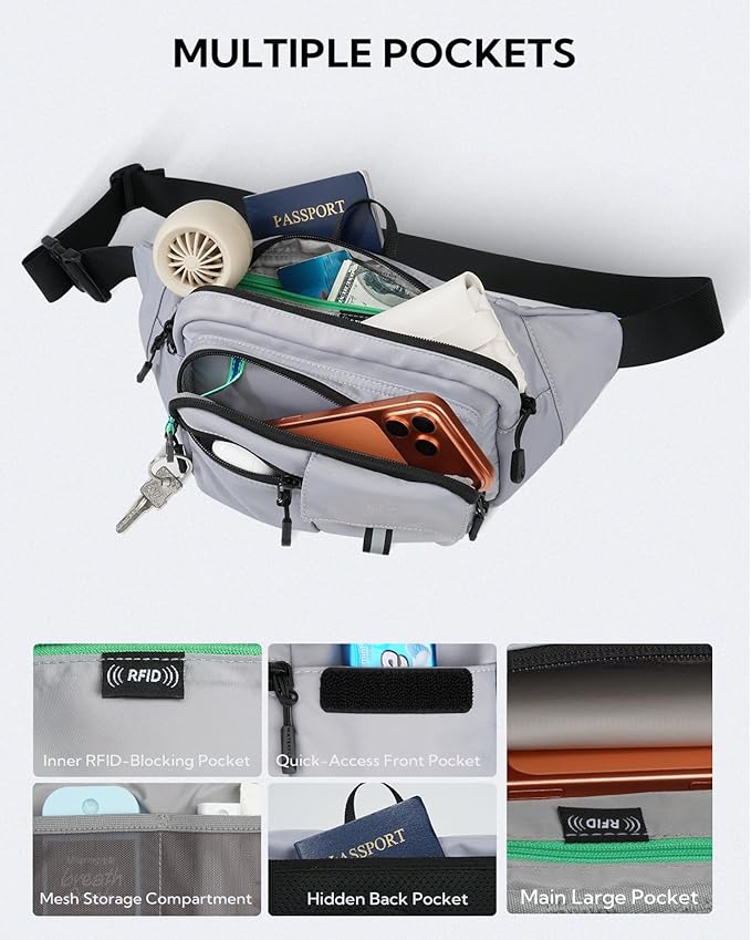 WATERFLY Fanny Pack Waist Bag: 3L Waist Pack with Anti-Theft RFID Blocking, 9 Pockets & Adjustable Belt Water Resistant Hip Pack for Women Men Travel Hiking Running