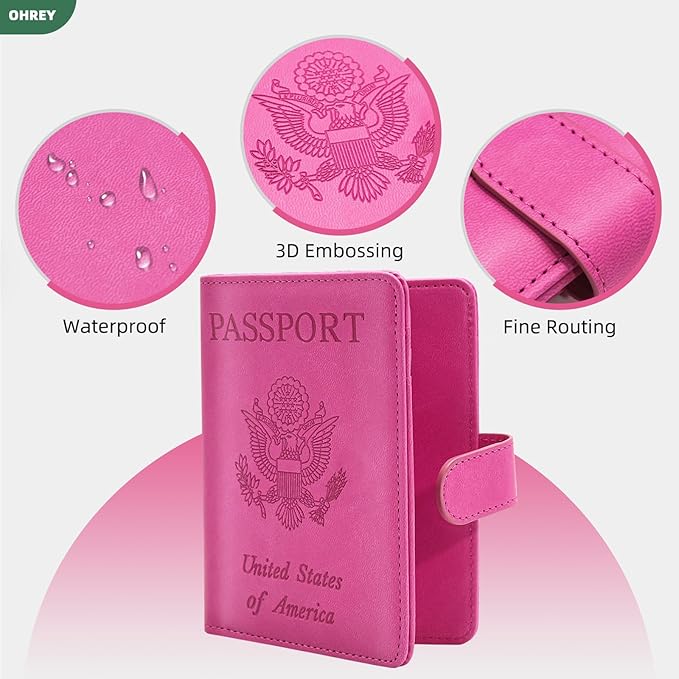 2 Pack Passport Holder for Travel with Luggage Tag Cover – RFID Blocking Passport Wallet Holder for Women & Men | PU Leather Passport Case with Money Pocket & Magnetic Clasp, Blue & Pink
