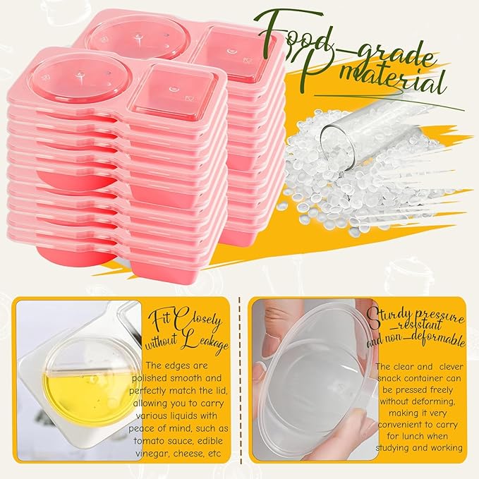 Snack Containers - Pink Portion Control Containers with Lids, Reusable Double Compartment Condiment Container for Take Out Sauce, Candies, Cookies (PINK)