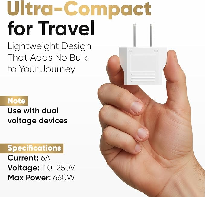 Unidapt Small European to American Outlet Plug Adapter, EU to US Adapter, Universal Input Europe/Asia to USA/Canada Travel Power Plug Adapter, 1-Pack, White