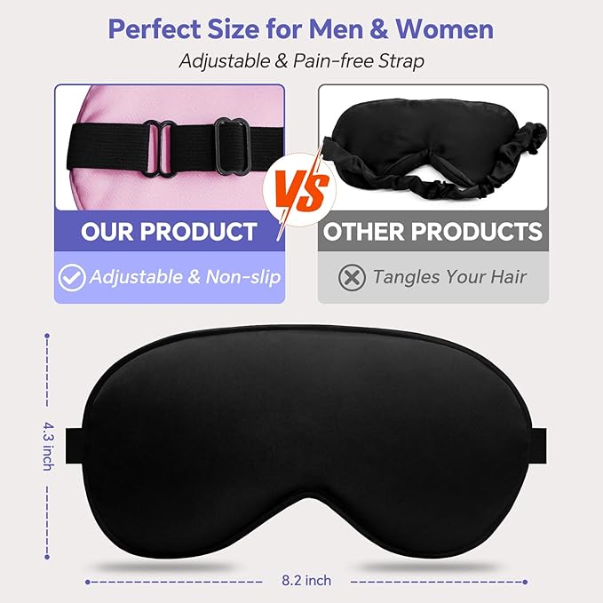 Sleep Eye Mask for Men Women, Silk Sleep Mask for Side Sleeper, Travel Blackout Night Blindfold Eye Shade Cover with Adjustable Strap, Classic Flat Style(Black & Black)