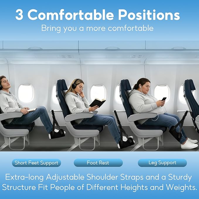 2-PACK Airplane Foot Hammock, Adjustable Plane Foot Rest for Long Flight, Plane Travel Essentials to Relax Your Feet, Foot Rest for Air Travel, Desk & Car (Large, Count, 2.0)