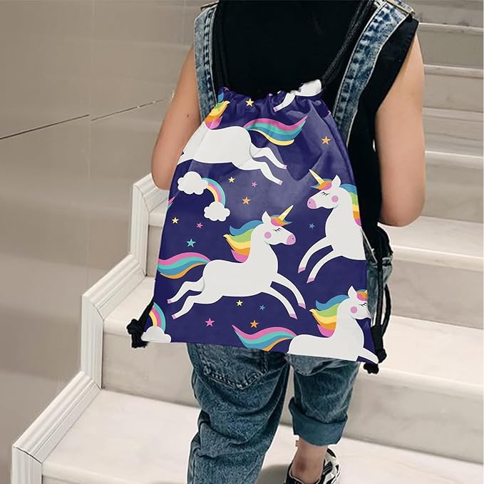 Drawstring Backpack for String Bag Waterproof Cute Sports Beach Swimming Travel (13"×17")-Blue Unicorn