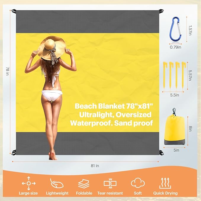 EASYFUN Beach Blanket Sandproof Oversized, 79''×83'' Extra Large Beach Mat, Portable Picnic Mat for Travel Camping Hiking, Lightweight Beach Essentials Family Water Resistant Mat