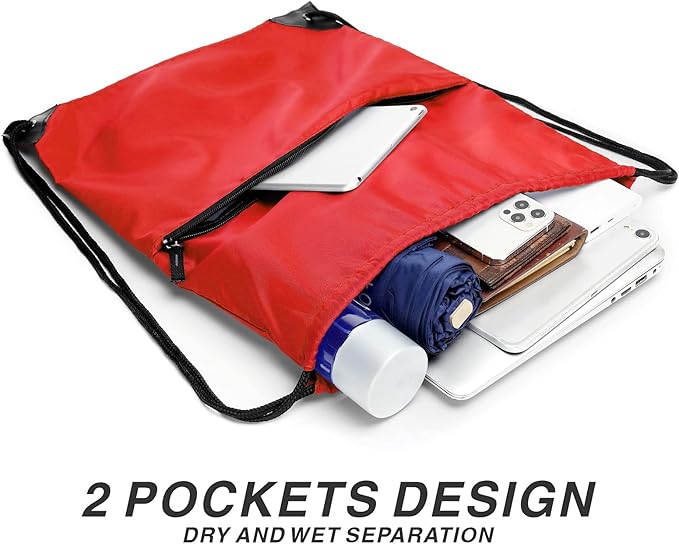 Drawstring Backpack Sports Water Resistant String Bag Sport Gym Sackpack for Women Men Large with Zipper, Red
