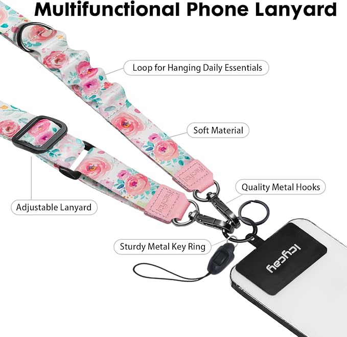Icycay Phone Lanyard Crossbody, Peony Flower Cell Phone Strap for Around The Neck Adjustable, Anti Theft Cute Lanyard for ID Holder Keys Accessories Travel Essential