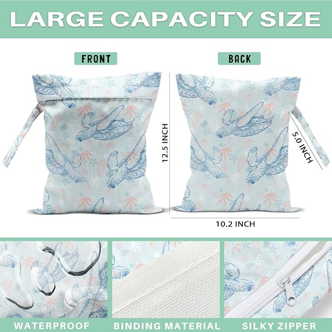 2-Pack Reusable Waterproof Wet Bags, Double Turtle Printed Wet Dry Bag, Multifunctional Waterproof Pouch for Beach Pool Gym Daily Use